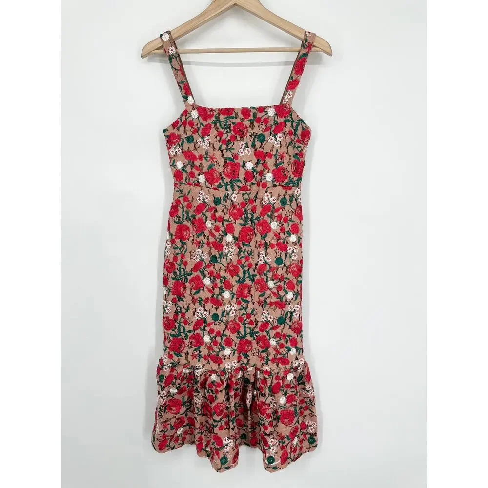 Lovers + Friends Under the Stars Midi Dress Floral Lace Ruffle Cottagecore Nude - Picture 5 of 15